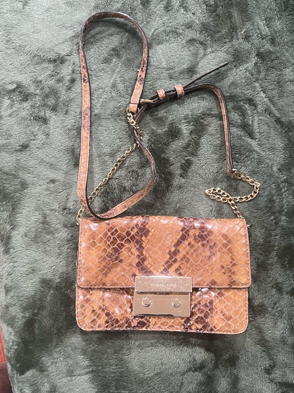 Michael Kors Tan Snake-Embossed Crossbody with Gold Hardware